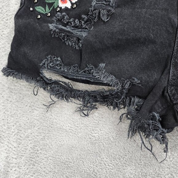 Denim Co Shorts Womens 10 Floral Embroidered Black Denim Hot Pants Distressed - Picture 10 of 15